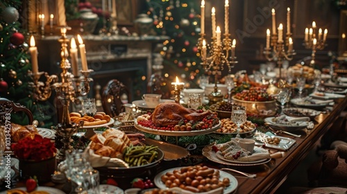 Lavish Christmas feast with a beautifully decorated table filled with an abundance of traditional holiday dishes candles and elegant decor