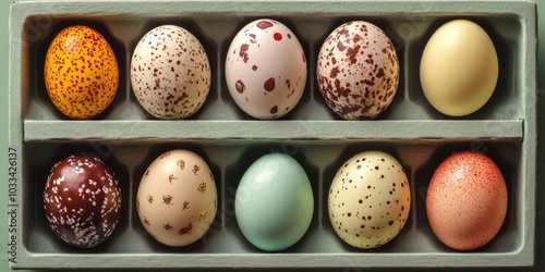 Easter Eggs arranged in an Egg Box (top view layout) photo