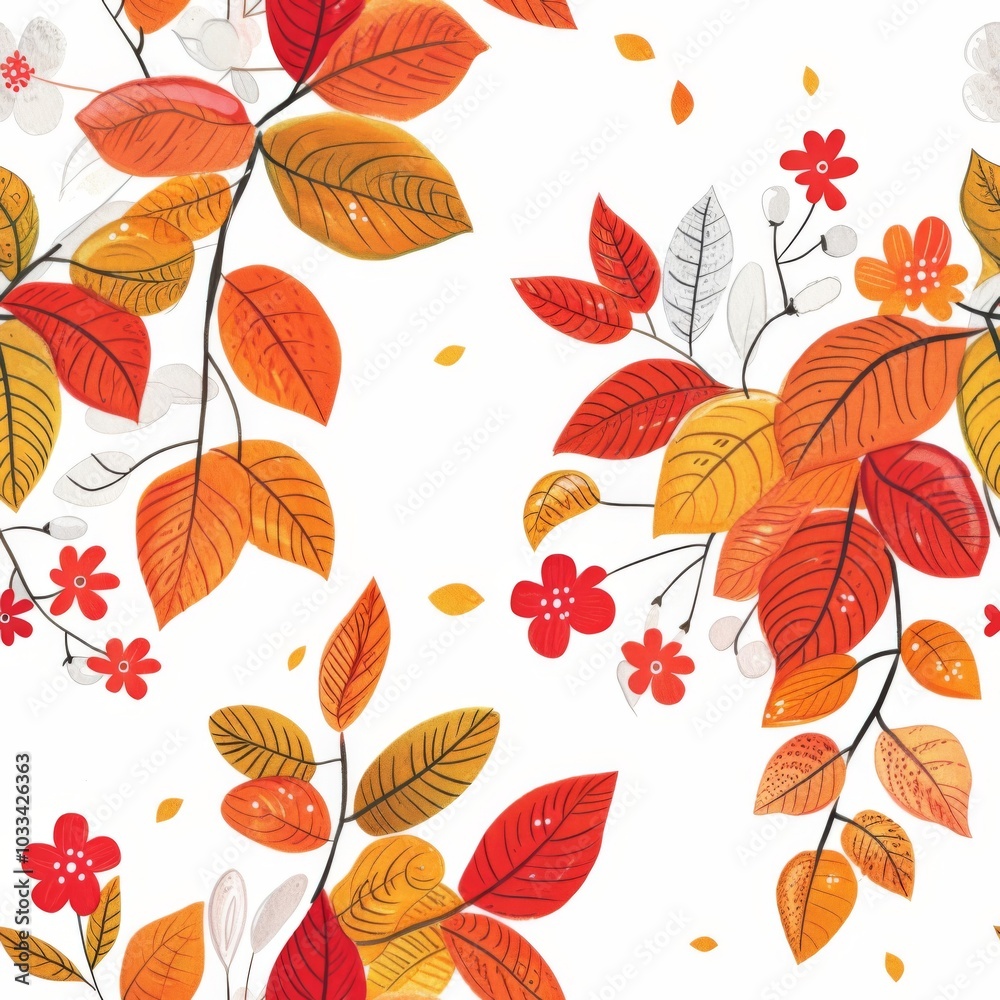 Light Seamless Pattern with Red, Yellow, and Orange Leaves and Flowers, Thin Branches, Autumn Texture on White Background Light Seamless Pattern with Red, Yellow, and Orange Leaves and Flowers, Thin Branches, Autumn Texture on White Background