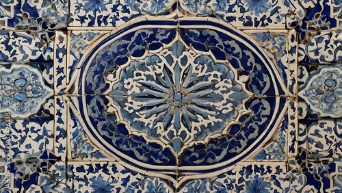 Ornate Moroccan tile patterns featuring intricate designs in blue and white, offering a traditional yet fresh aesthetic for backgrounds, wall art, and decor pieces. 