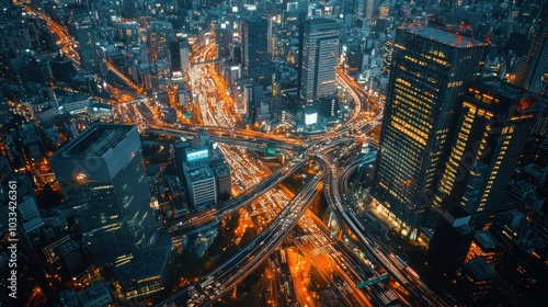 Aerial View of a Densely Populated City at Night with Illuminated Buildings and Traffic Flow