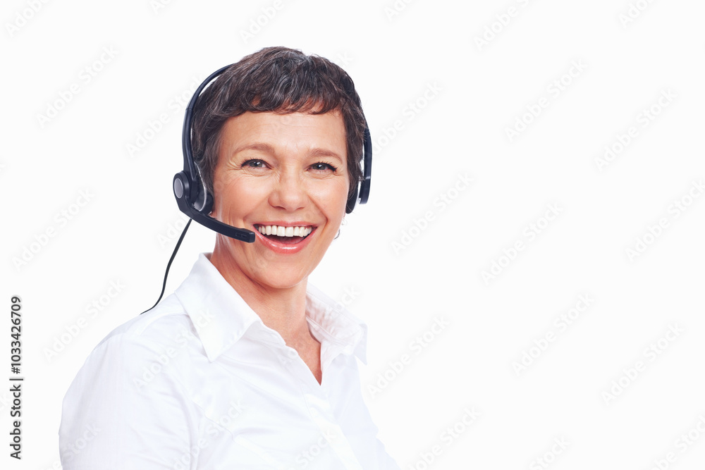 Portrait, mature woman and customer service agent with headset, smile and confidence as consultant. Female person, pride and career for support, commercial or advice on white background in Australia Portrait, mature woman and customer service agent with headset, smile and confidence as consultant. Female person, pride and career for support, commercial or advice on white background in Australia