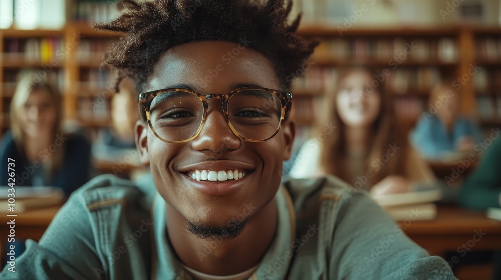 A young man with stylish glasses and a warm smile sits in a library with books in the background, creating an inviting and studious atmosphere. A young man with stylish glasses and a warm smile sits in a library with books in the background, creating an inviting and studious atmosphere.