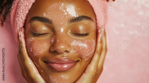 A close-up image of a person's face showcasing a pink skincare mask, capturing a serene expression as they gently touch their cheeks, emphasizing relaxation and self-care.