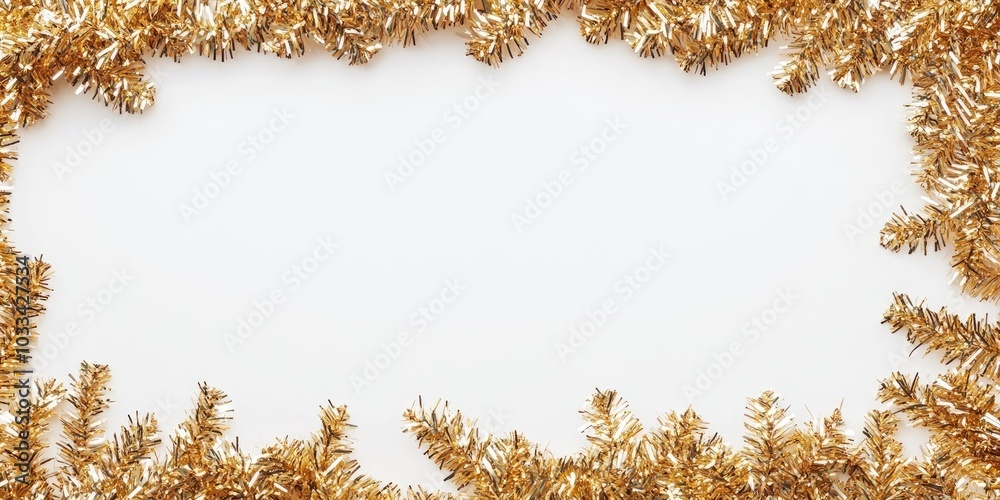 Frame of glittering tinsel on a white background, top view. Space for text.