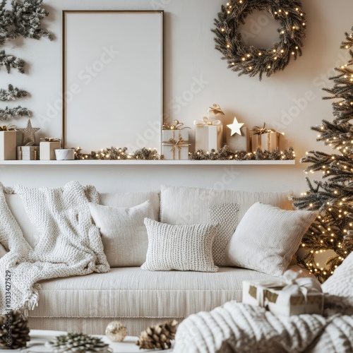 Domestic and cozy christmas living room interior with corduroy sofa, white shelf, mock up poster frame, christmas decoration, wreath, stars, gifts and, Generative AI