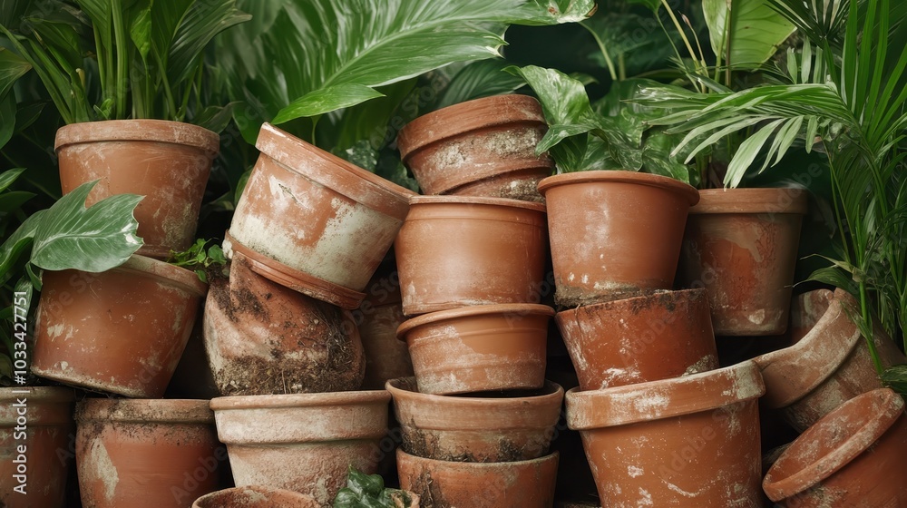 A stack of old terracotta pots is surrounded by lush green plants, creating a charming rustic garden scene that highlights the contrast between nature and man-made objects. A stack of old terracotta pots is surrounded by lush green plants, creating a charming rustic garden scene that highlights the contrast between nature and man-made objects.