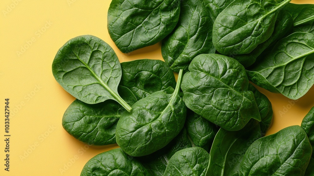 Green Spinach Leaves Pattern on Yellow Background Minimalist Flat Lay Food Photography Green Spinach Leaves Pattern on Yellow Background Minimalist Flat Lay Food Photography