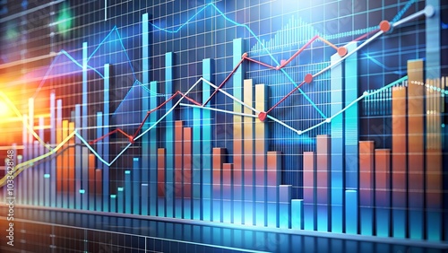 Digital financial graph with ascending trends and data visualization on a blue background