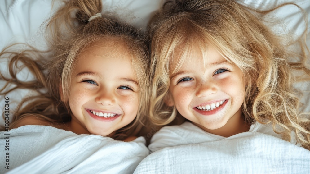 Two young girls with blonde hair, snuggled under white bedding, smile joyously at the camera, embodying warmth, innocence, and the joy of childhood friendship. Two young girls with blonde hair, snuggled under white bedding, smile joyously at the camera, embodying warmth, innocence, and the joy of childhood friendship.