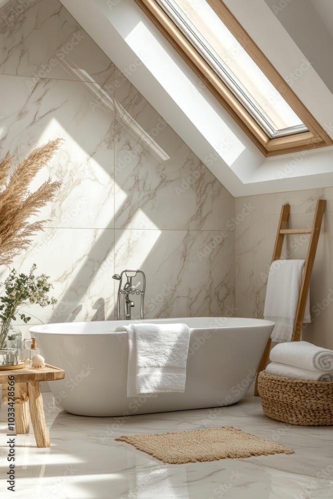 Fototapeta premium Stylish bathroom interior design with marble panels. Bathtub, towels and other personal bathroom accessories. Modern glamour interior concept. Roof window, Generative AI