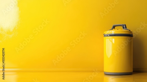 A bold yellow trash bin stands out against a matching bright yellow wall, representing cleanliness, organization, and modern aesthetics in a vibrant setting. photo