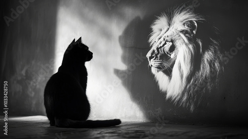 A black cat sits in a dimly lit room, its shadow on the wall revealing the powerful image of a lion, representing the inner strength and spirit of the small feline.