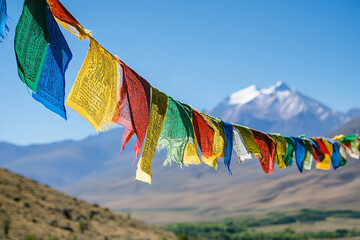 Vibrant Tibetan Prayer Flags Against Mountain Backdrop in Serene Setting  