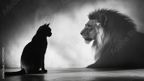 A black cat sits in a dimly lit room, its shadow on the wall revealing the powerful image of a lion, representing the inner strength and spirit of the small feline.
