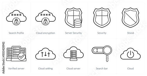 A set of 10 big data icons as server profile, cloud encryption, server security