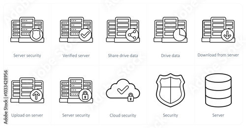 A set of 10 big data icons as server security, verified server, share drive data