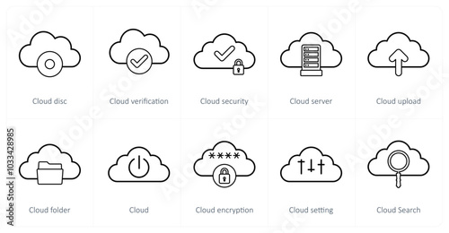 A set of 10 big data icons as cloud disc, cloud verification, cloud security