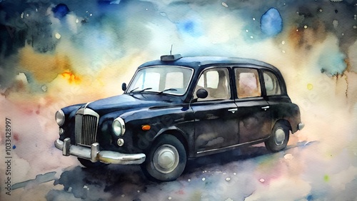 Watercolor illustration of a black classic London taxi in an abstract urban background