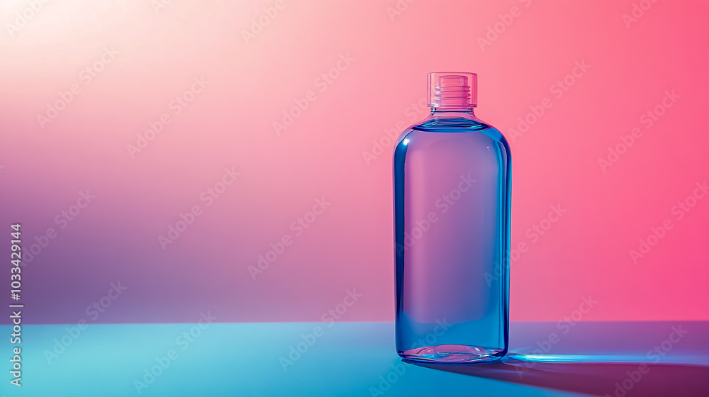 A clear blue plastic bottle of shampoo on the right side against a gradient background. A clear blue plastic bottle of shampoo on the right side against a gradient background.
