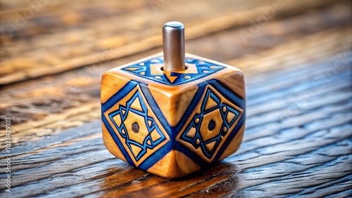 Artistic wooden dreidel with intricate designs on a rustic wooden background photo