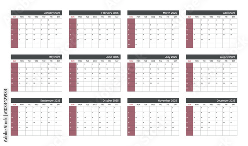 calendar for 2025 starts sunday, vector calendar design 2025 year