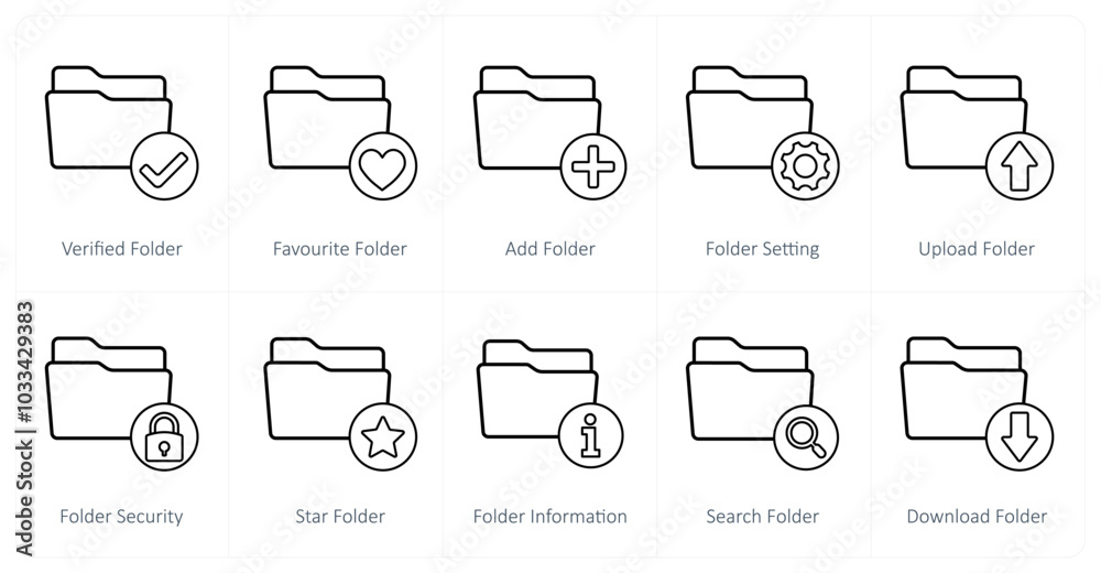 A set of 10 folder icons as verified folder, favorite folder, add folder A set of 10 folder icons as verified folder, favorite folder, add folder
