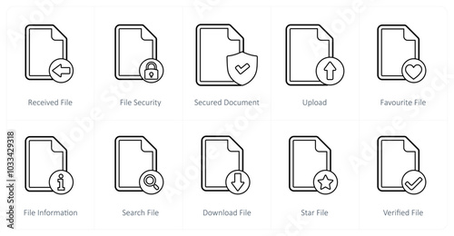 A set of 10 file icons as received file, file security, secured document