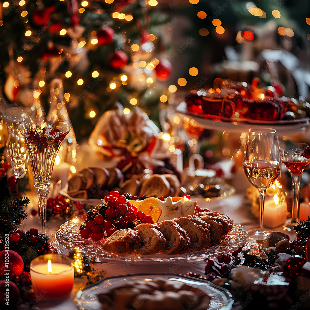 Festive Christmas Dessert Table with Sweets and Lights Festive Christmas Dessert Table with Sweets and Lights