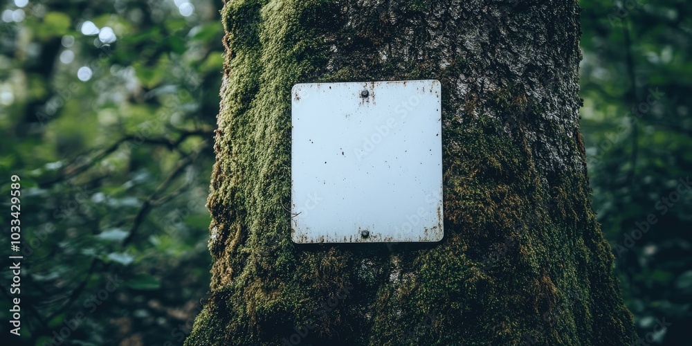 Empty white sign on a moss-covered tree Empty white sign on a moss-covered tree