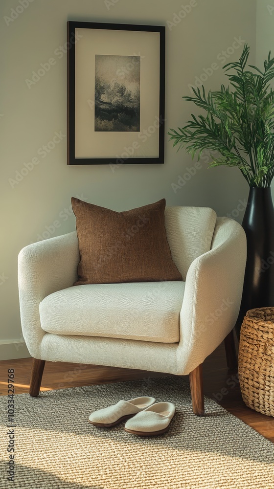 Naklejka premium A stylish reading nook featuring a cozy armchair with a brown pillow, a framed artwork on the wall, and a sleek black vase with greenery. A woven basket and slippers add a touch of comfort and