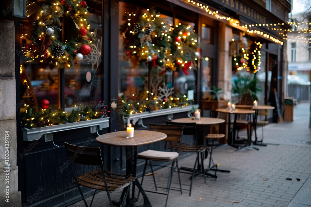 Obraz premium AI-generated photo with Christmas street outdoor decoration. On a winter city background