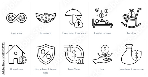 A set of 10 insurance icons as insurance, investment insurance, passive income