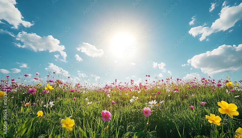 A vibrant field of colorful flowers under a bright sun with a clear blue sky and fluffy white clouds.