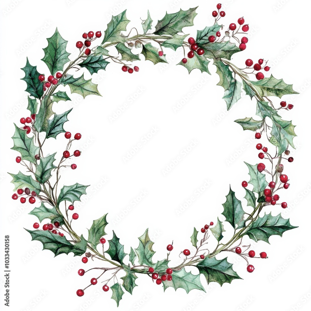 Fototapeta premium Elegant holly wreath with red berries, ideal for winter holiday decorations