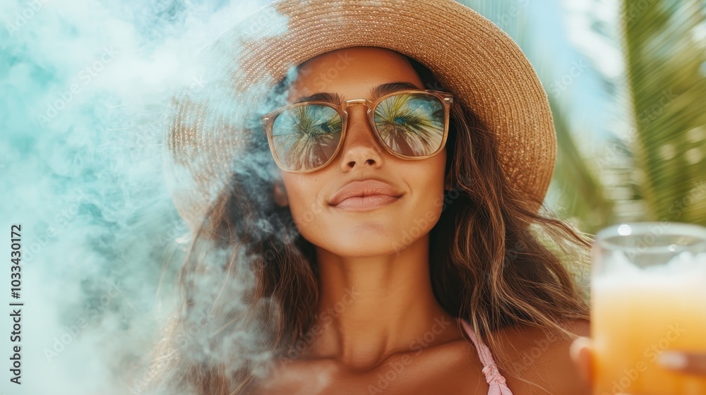 A woman in a wide-brimmed hat and sunglasses holds a refreshing orange drink, embodying the sunny and carefree vibes of a perfect tropical day. A woman in a wide-brimmed hat and sunglasses holds a refreshing orange drink, embodying the sunny and carefree vibes of a perfect tropical day.
