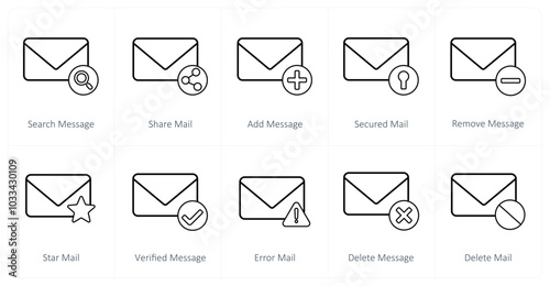 A set of 10 mail icons as search message, share mail, add message