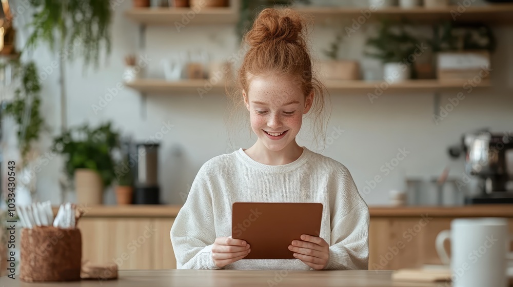A young red-haired girl enjoys using a tablet while seated in a stylish, plant-decorated kitchen. Her joyful expression reflects engagement with technology.