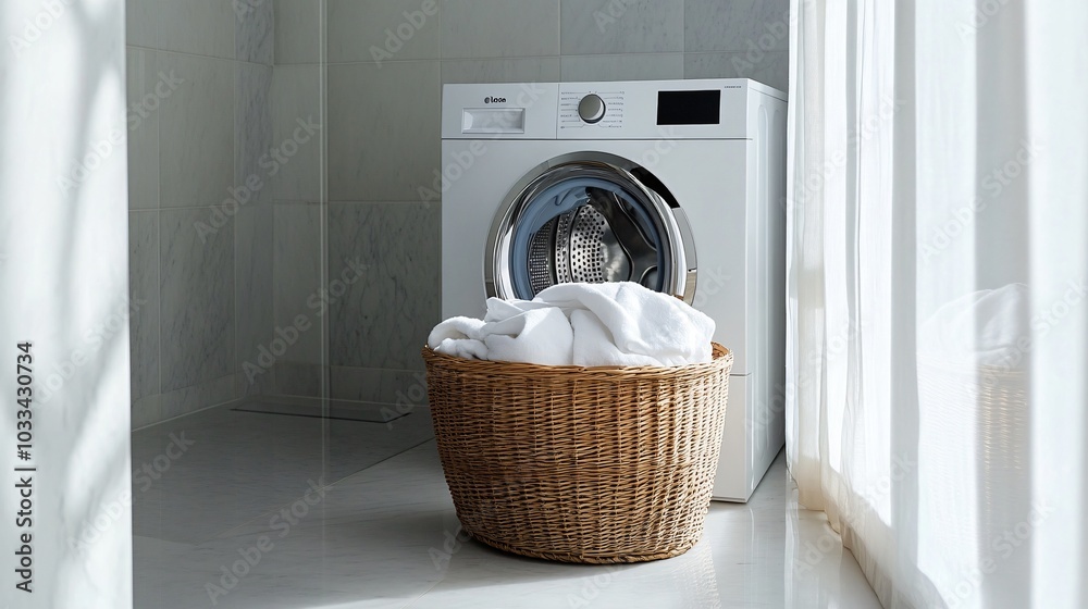 Modern Washing Machine in a Stylish Minimalist Bathroom, White Walls and Chrome Details, Complemented by a Wicker Basket of Neatly Folded Laundry for Added Warmth Modern Washing Machine in a Stylish Minimalist Bathroom, White Walls and Chrome Details, Complemented by a Wicker Basket of Neatly Folded Laundry for Added Warmth