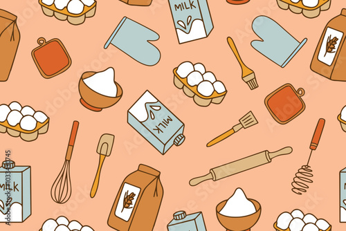 Colorful seamless pattern of baking accessories. Kitchen cooking utensils in doodle style.
