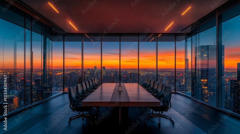 Sleek Modern Conference Room with Panoramic City Views, Floor-to-Ceiling Windows, Minimalist Furniture, and Ambient Lighting Creating a Professional and Inspiring Atmosphere Sleek Modern Conference Room with Panoramic City Views, Floor-to-Ceiling Windows, Minimalist Furniture, and Ambient Lighting Creating a Professional and Inspiring Atmosphere
