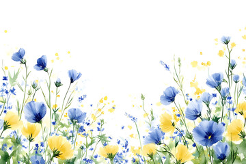 Watercolor wildflower border, yellow blue and white, white background