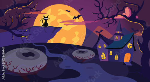 Happy Halloween banner or party invitation, Halloween background with pumpkins and haunted house