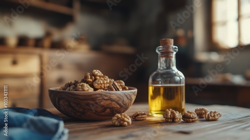 A wooden bowl filled with walnuts sits next to a glass bottle of walnut oil on a rustic wooden table.