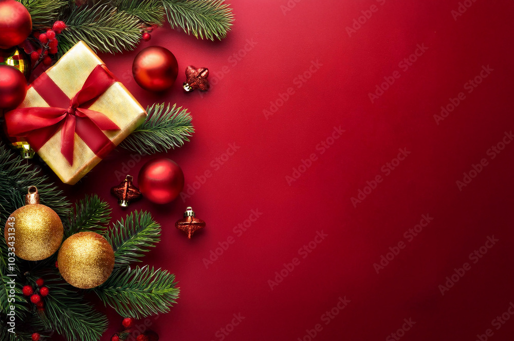 Weihnachtsdeko mit Weihnachtsbaumkugeln und Geschenk vor rotem Hintergrund