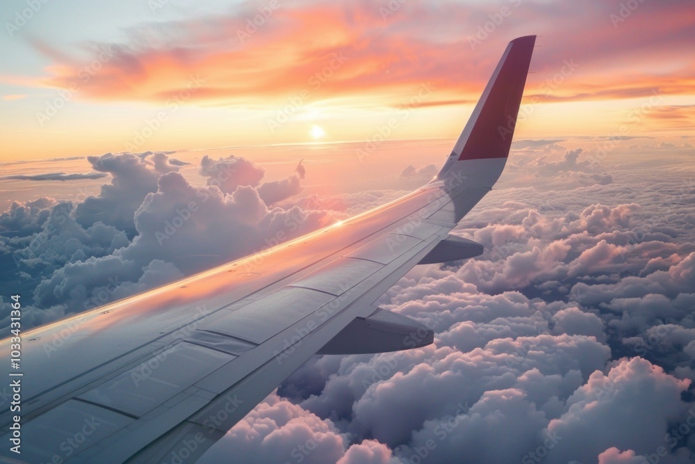 Airplane wing is flying over a beautiful and dramatic cloudscape with a setting sun Airplane wing is flying over a beautiful and dramatic cloudscape with a setting sun
