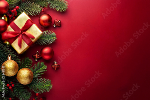 Obraz na płótnie Weihnachtsdeko mit Weihnachtsbaumkugeln und Geschenk vor rotem Hintergrund w salonie