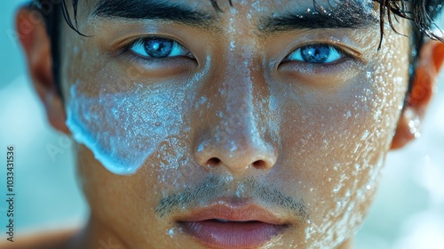 Close-up portrait of a young man with water on his face.