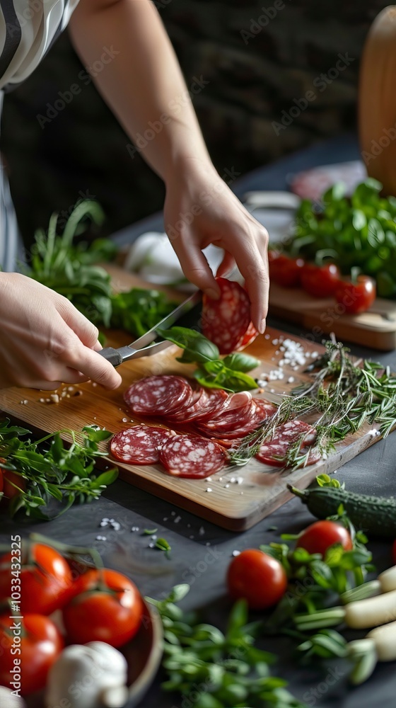 Woman is cooking in home kitchen. Female hands cut salami, vegetables, greens, tomatoes on table on wooden boards Woman is cooking in home kitchen. Female hands cut salami, vegetables, greens, tomatoes on table on wooden boards