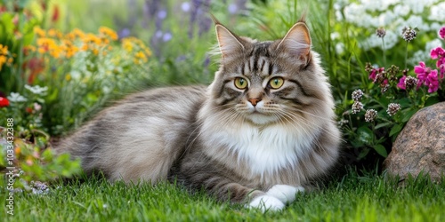 Charming Siberian cat in a garden. Hypoallergenic pet with long fur. photo